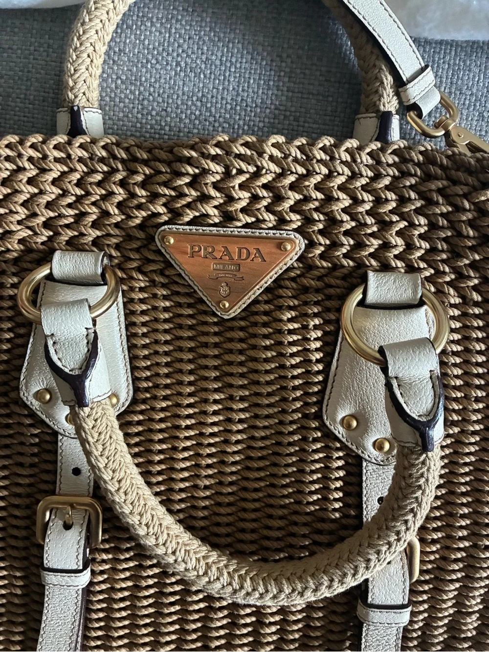 Prada Beige Braided-Trim Tote with Gold Hardware - Picture 8 of 9